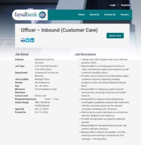 New Faysal Bank Inbound (Customer Care Officer) Jobs 2024