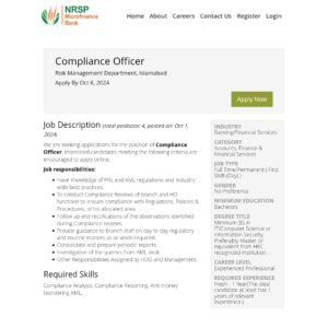 New NRSP Microfinance Bank Compliance Officer Jobs 2024