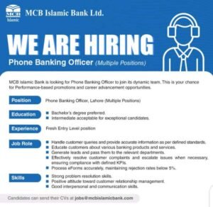 New MCB Islamic Bank Phone Banking Officer Jobs 2024